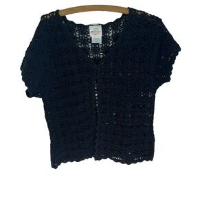 Vtg‎ Granny Square Crochet Pull Over Black Sweater Top Women L Boho Classy